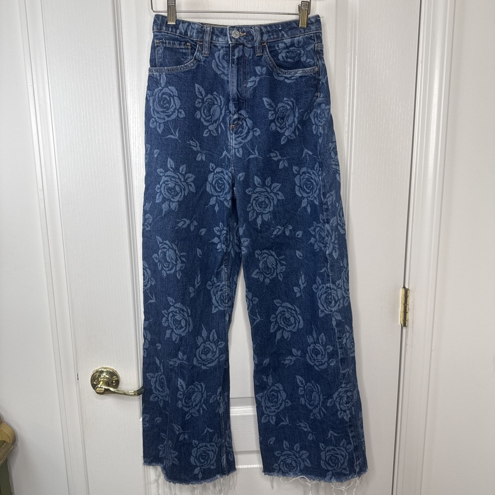 HM Girls Size 18 13-14Y Blue Rose Floral Denim Jeans High Waist Cut Hem